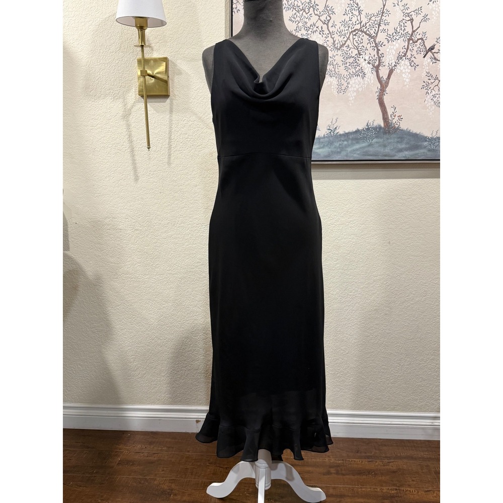 Be Smart Black Cowl Neck Ruffle Hem Midi Dress Sleeveless vintage‎ Made in USA